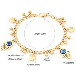 Pulsera de acero inoxidable con amuleto mano de fátima dorada
