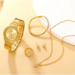 Conjunto Reloj Dorado con Circonitas, gargantilla, collar, anillo y pendientes.