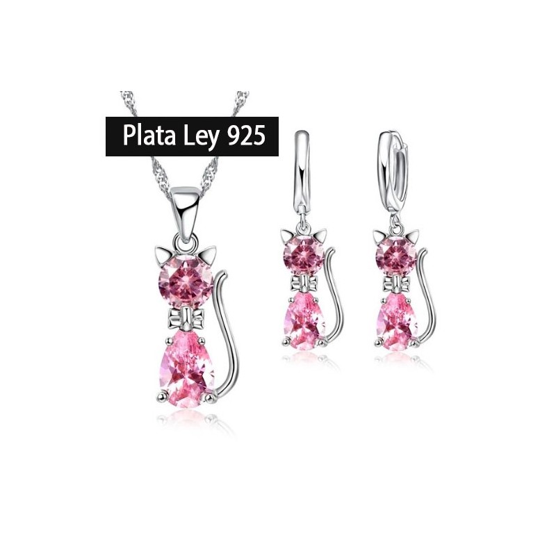 Conjunto Plata Ley 925 Gato Pendientes y Gargantilla con Circonita Rosa..