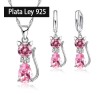 Conjunto Plata Ley 925 Gato Pendientes y Gargantilla con Circonita Rosa..