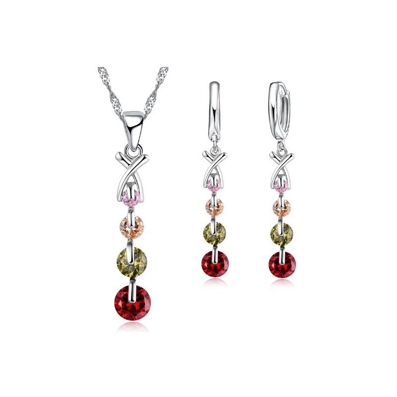 Conjunto Plata Ley 925 Pendientes y Gargantilla con Circonitas colores