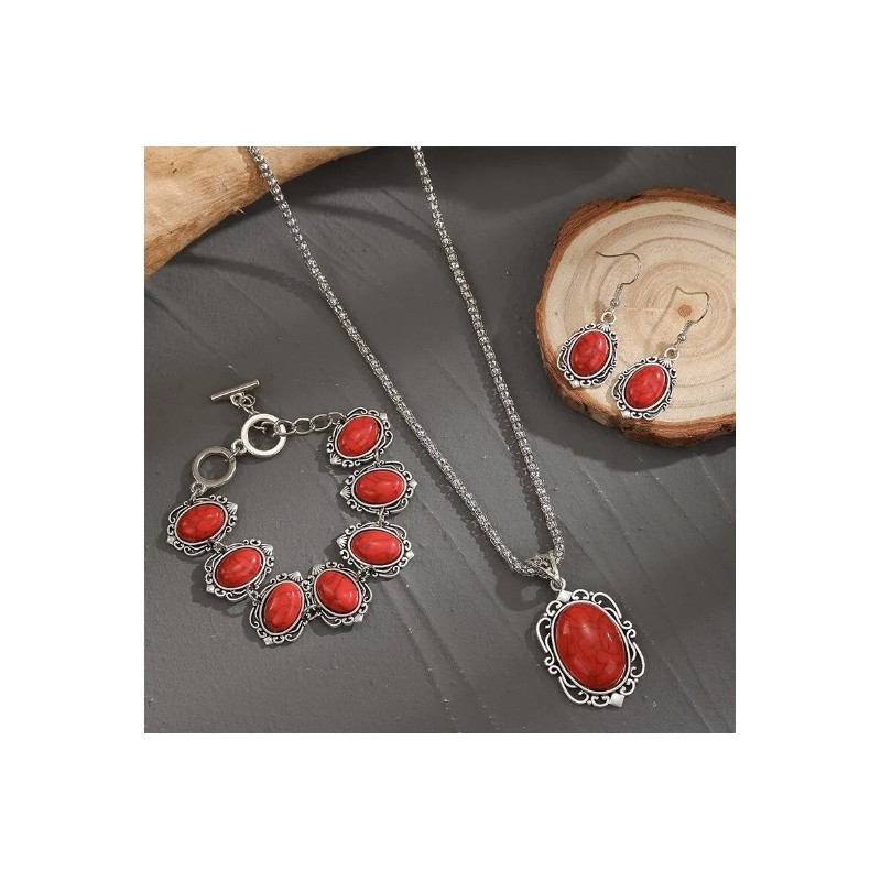 Conjunto Boho Rojo con pulsera, gargantilla y pendientes.